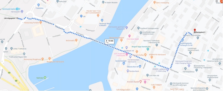 kartbild som visar promenadväg  