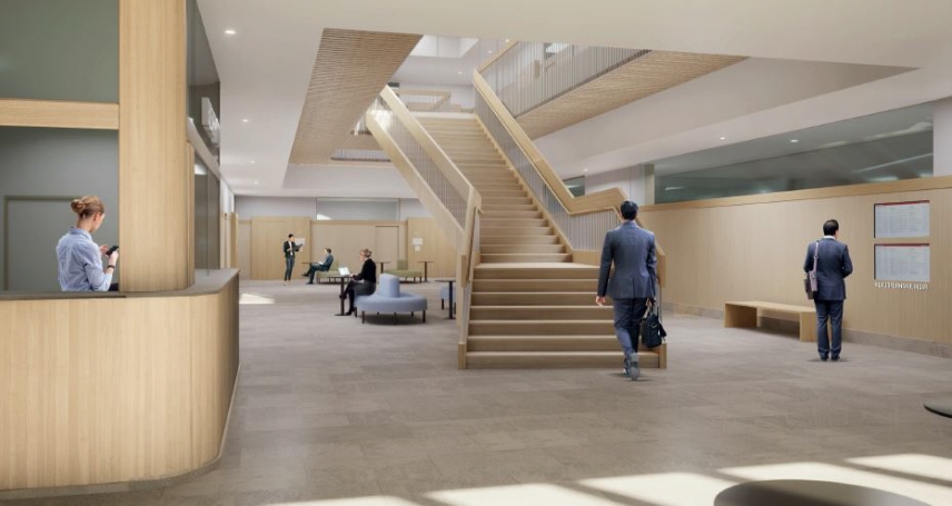 Skiss av reception och allmänhetens ytor i ny domstolsbyggnad i Växjö