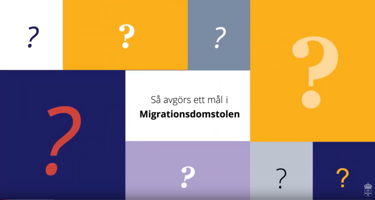 Startbild för filmen med texten "Så avgörs ett mål i migrationsdomstolen". Illustration.