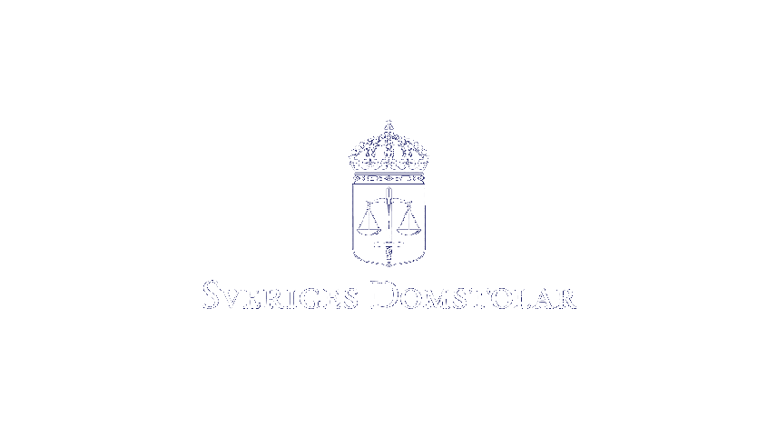 Sveriges Domstolars logotyp i vitt mot mörkblå bakgrund