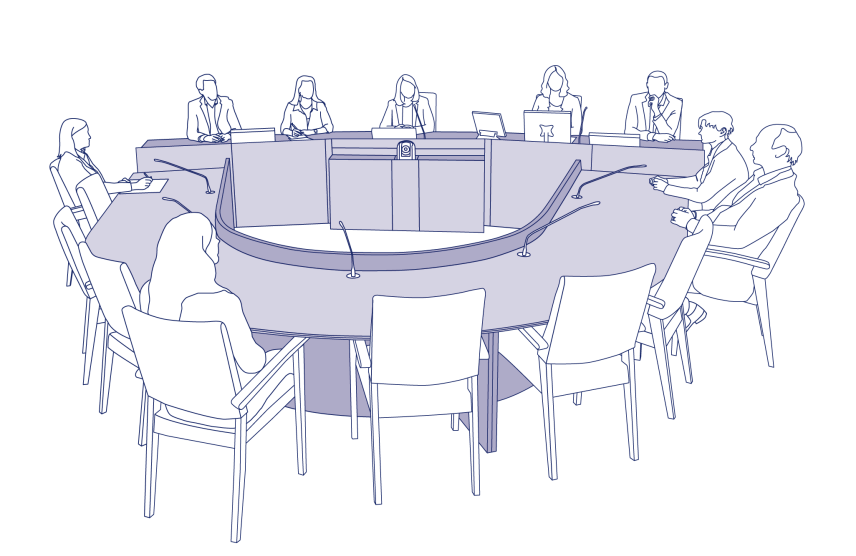 Rättssal där alla som deltar sitter vid bestämda platser. Illustration.