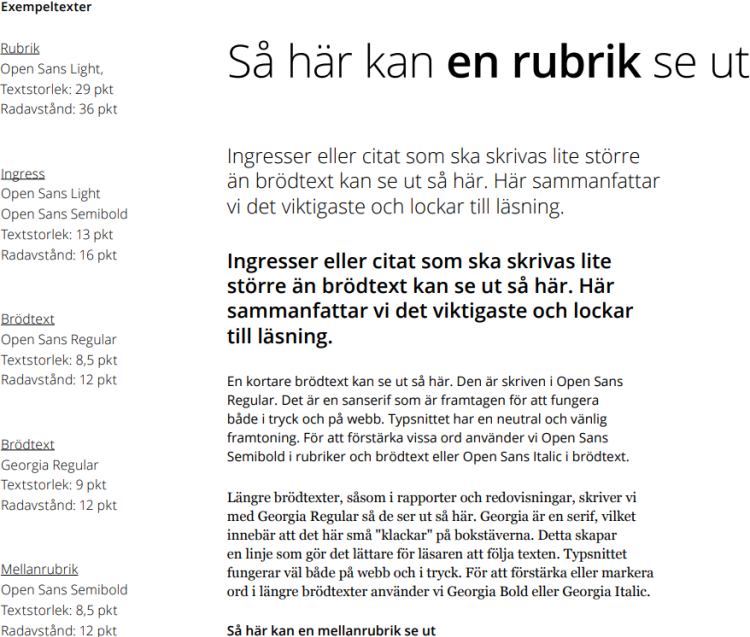 Exempel på hur rubrik och text kan se ut med Sveriges Domstolars typsnitt Open Sans och Georgia