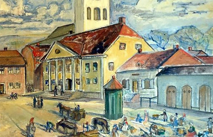 Målning av Växjö rådhus på Stortorget på 1800-talet