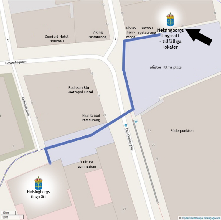 Karta som visar tingsrättens tillfälliga lokaler på Gasverksgatan.