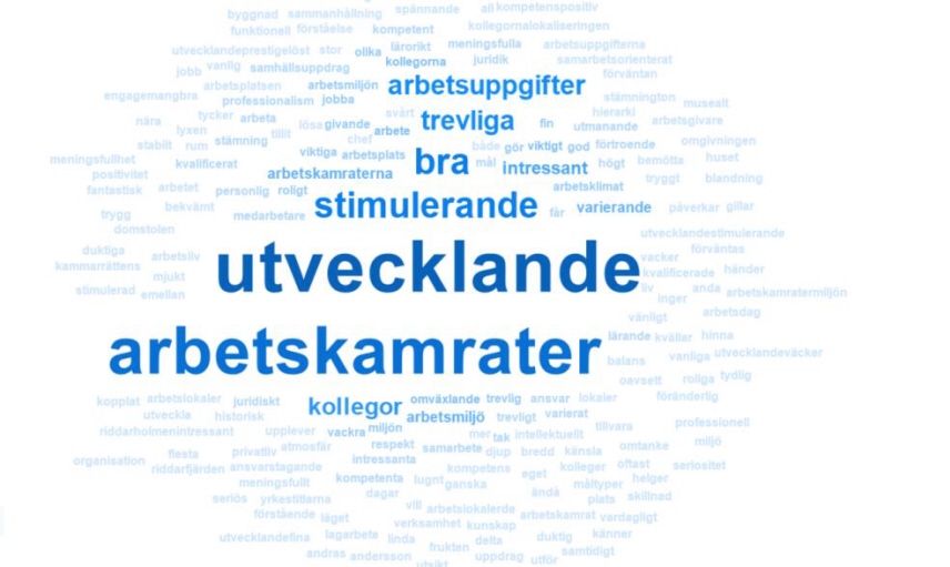 Ett ordmoln som bland annat lyfter fram orden utvecklande och arbetskamrater. Illustration.