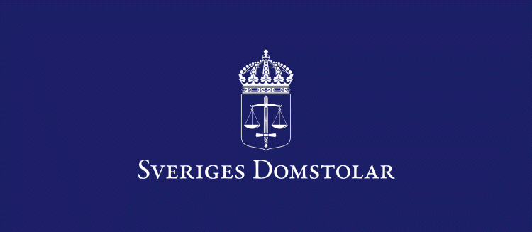 Sveriges Domstolars logotyp i vitt mot mörkblå bakgrund