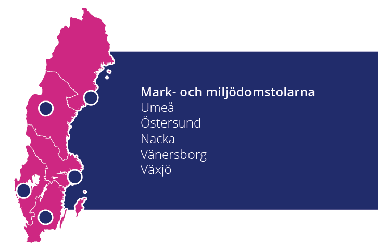 Karta där mark- och miljödomstolarna markerats i Umeå, Östersund, Nacka, Vänersborg och Växjö.