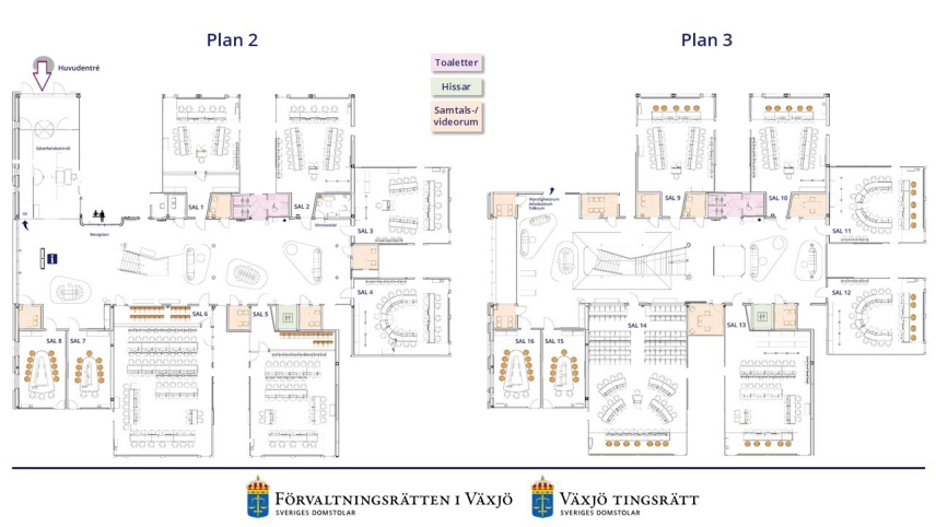 Skiss över förhandlingssalar och allmänhetens ytor i ny domstolsbyggnad