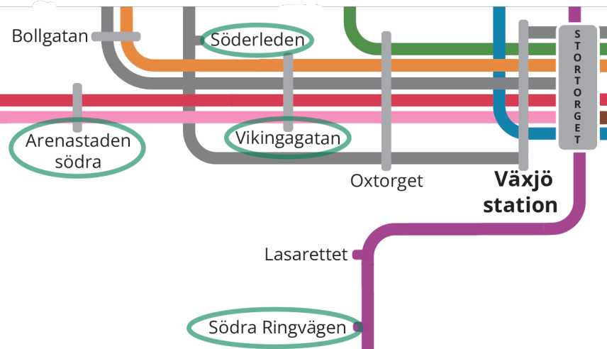 Närmaste busshållplatser markerade på länstrafikens linjekarta