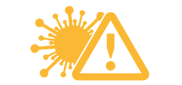 Tecknad varningstriangel och coronaviruspartikel