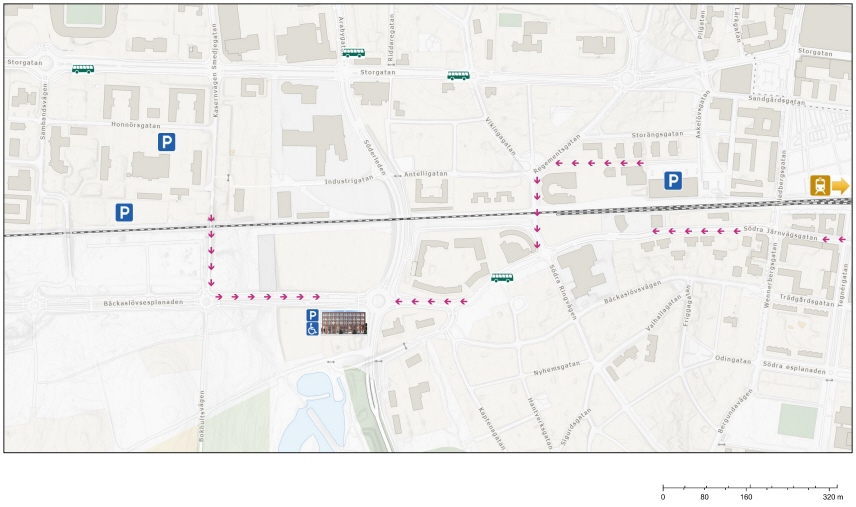 Karta över närområde med utmärkt parkering och busshållplatser