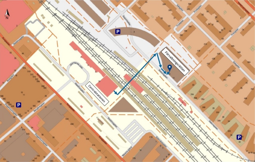 Närmsta parkering samt gångväg till Förvaltningsrätten i Uppsala