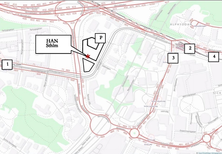 Kartbild över området Sickla runt domstolen