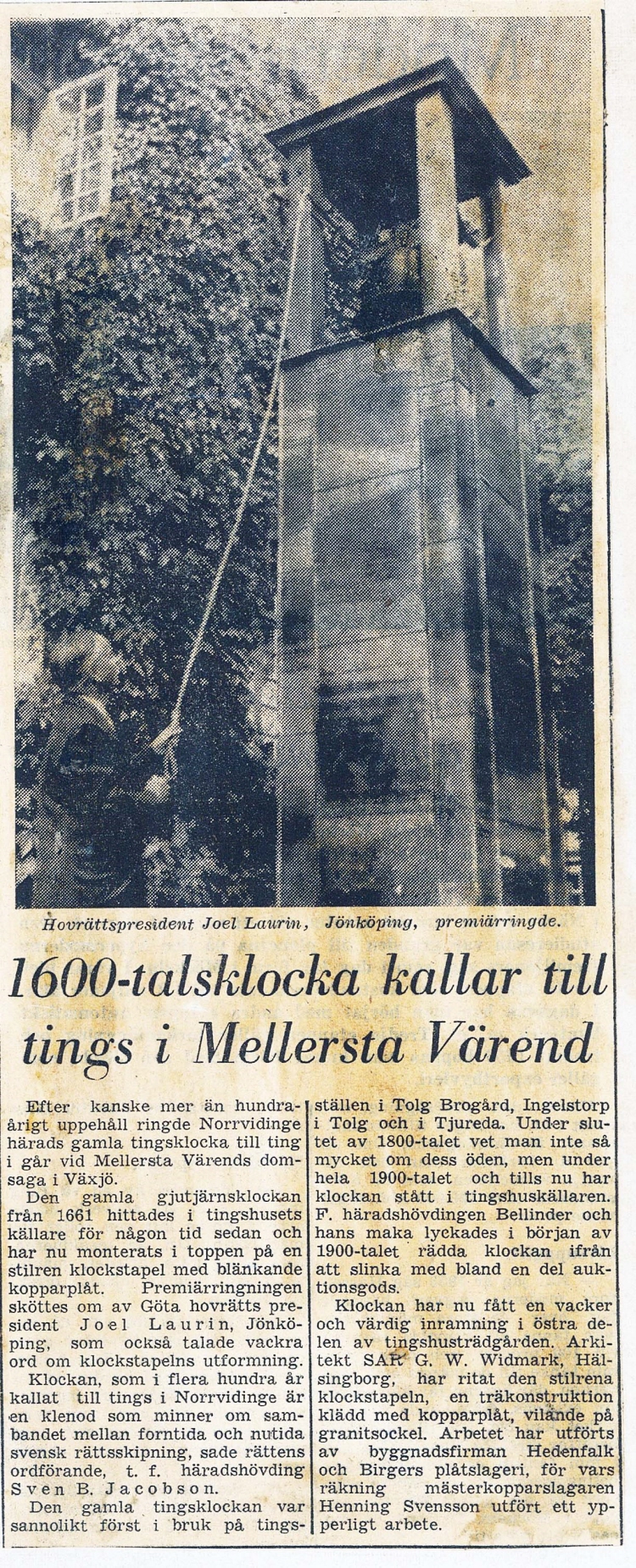 Tidningsartikel i Smålandsposten 1957 om Mellersta Värends 1600-talsklocka