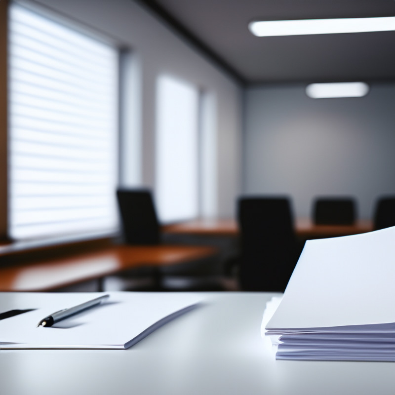 Tomma papper med penna i ett kontorsrum (AI)