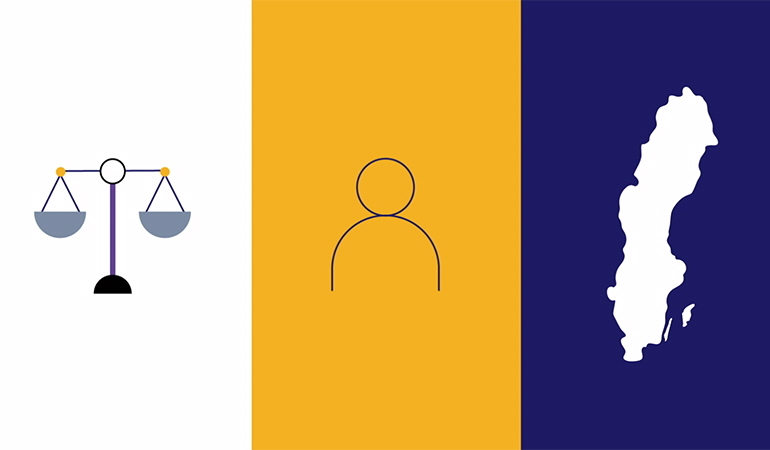 Grafiska objekt i form av vågskål, person, sverigeskarta